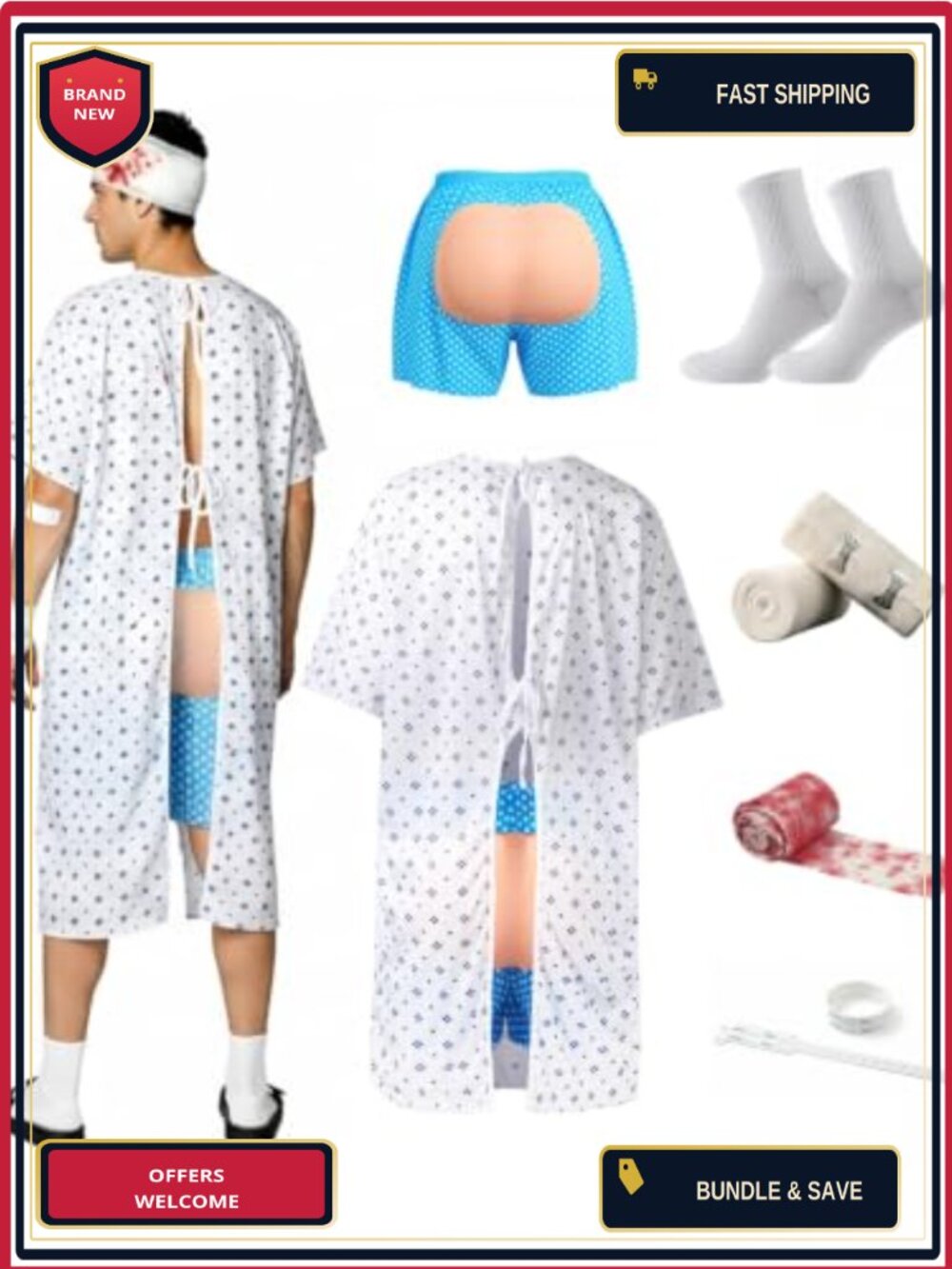 Funny Halloween Patient Costume 6Pc Hospital Gown Cosplay Set